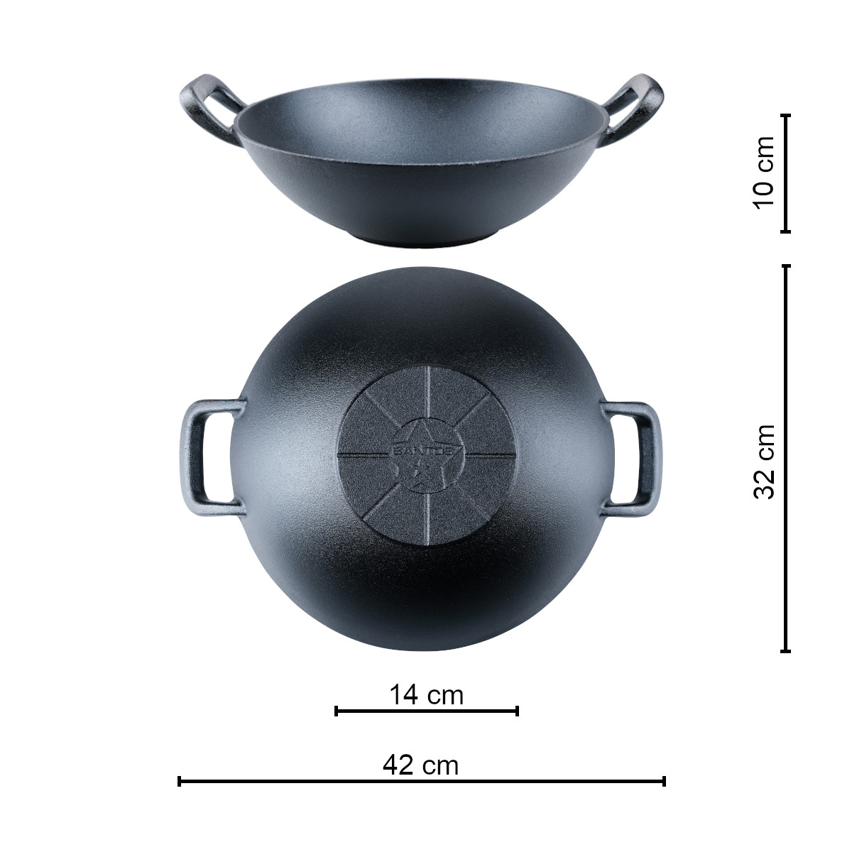 SANTOS Gusseisen Wokpfanne ideal - rund ø32cm oder oder Lagerfeuer, Guss-Wok Feuerstelle - Kohle- Gas-Grill 3,52 - für - Feuertopf - Grilltopf kg 