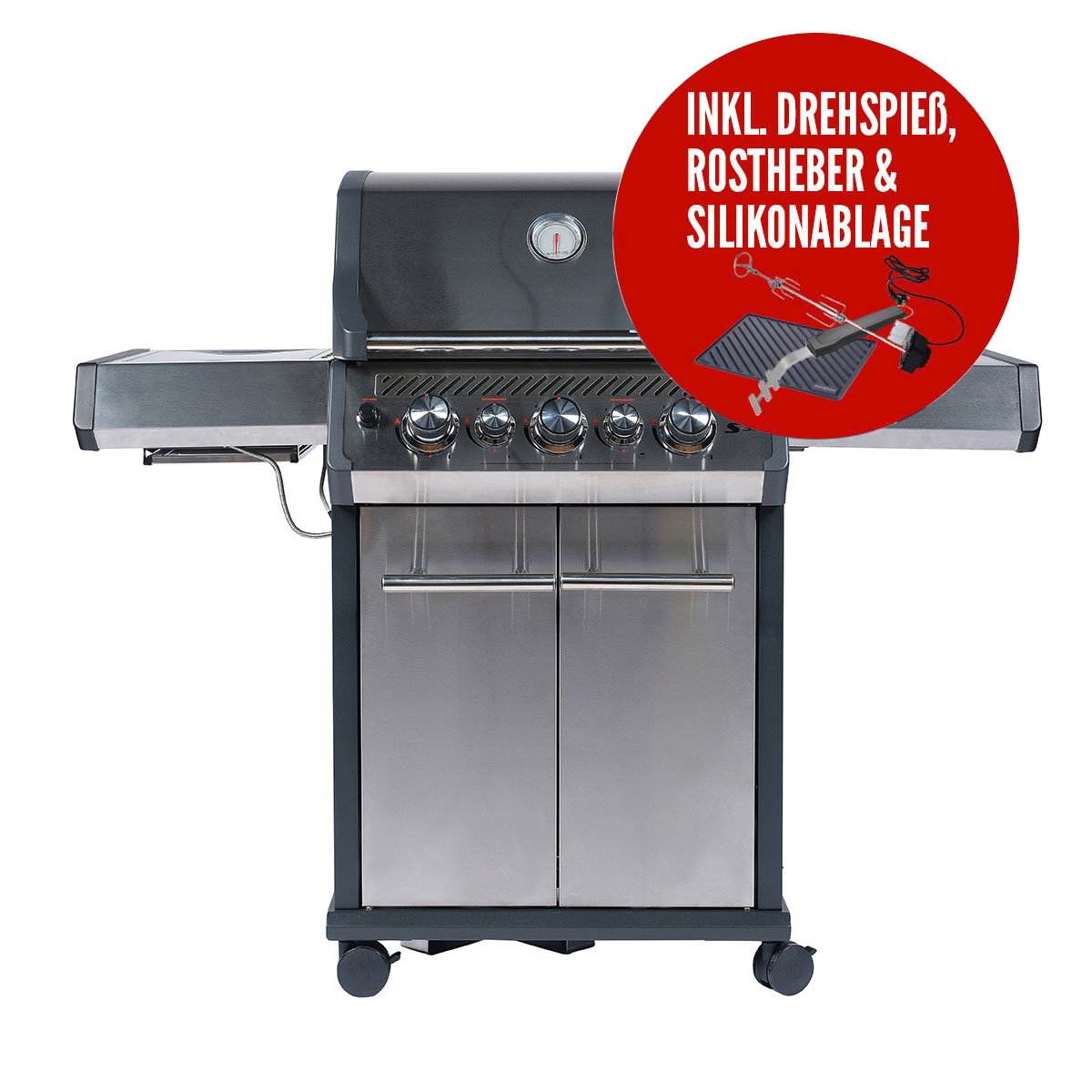 SANTOS Gasgrill S-318 | Seiten- & Heckbrenner | Edelstahl inkl. Drehspieß | Rostheber & Silikonablage