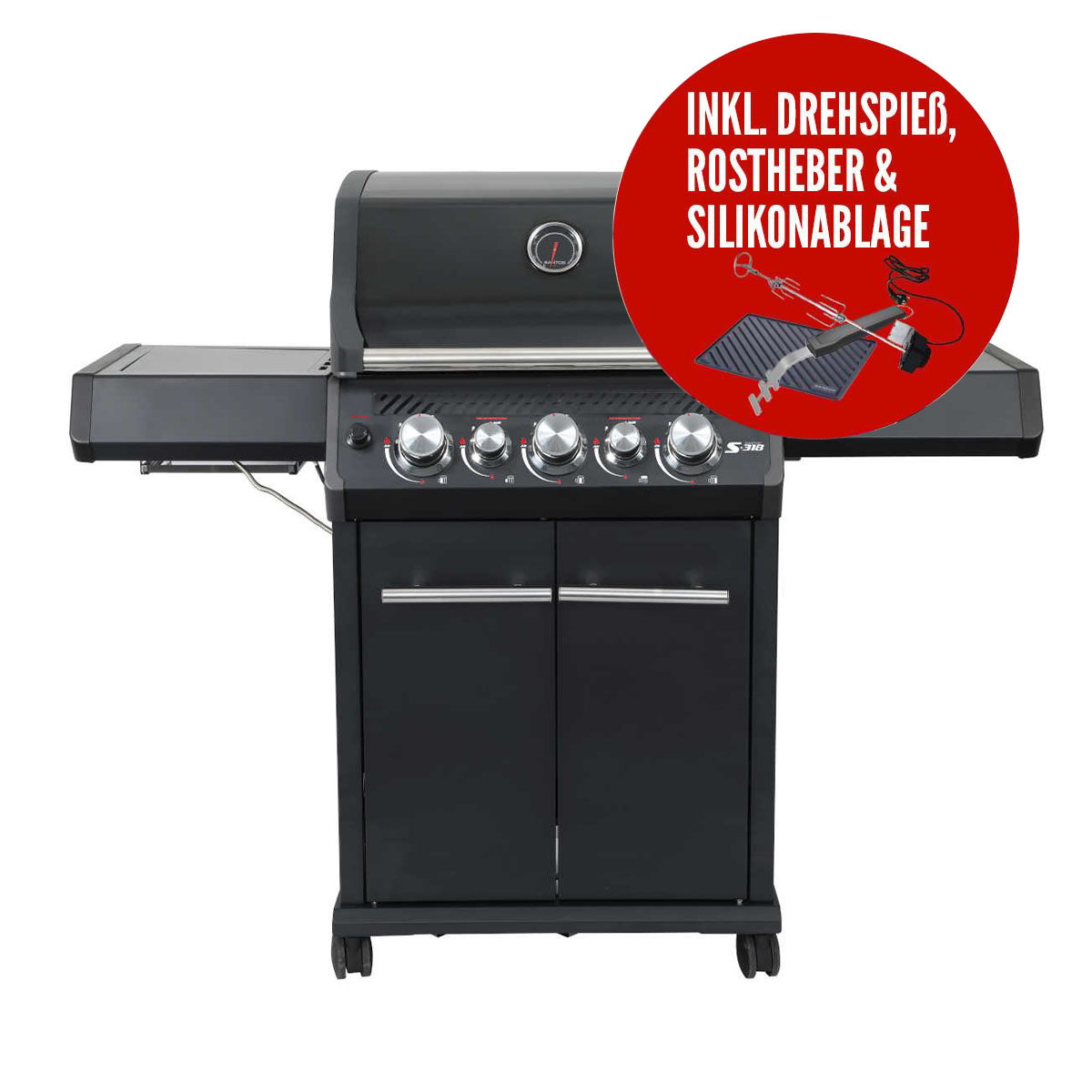 SANTOS Gasgrill S-318 | Seiten- & Heckbrenner | All Black inkl. Drehspieß | Rostheber & Silikonablage